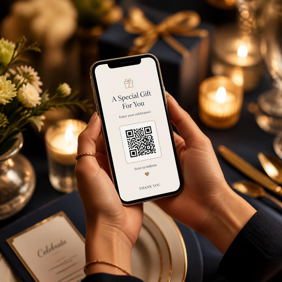 Convidada usando o celular para ler o QR Code de presente