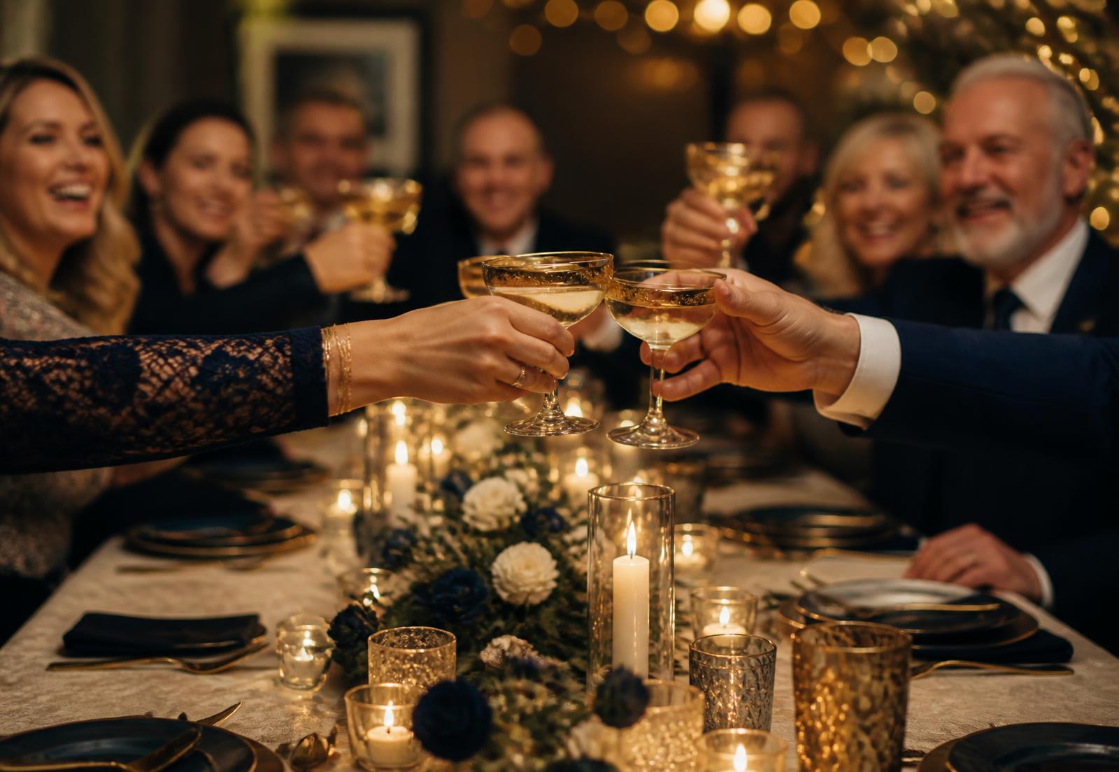 Convidados brindando em uma celebração à luz de velas